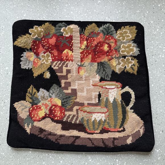 Unbranded Other - Strawberry Basket Still Life Needlepoint Wool Tapesty Pillow Case Cover 14x12
